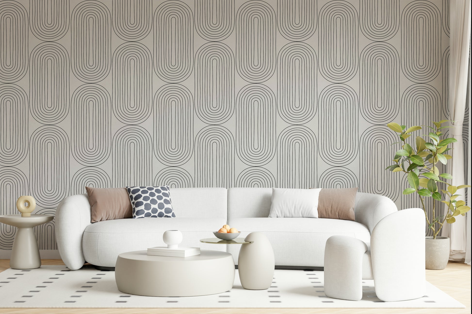 Curved geometric Retro Arches wallpaper, artistic, contemporary interior design.