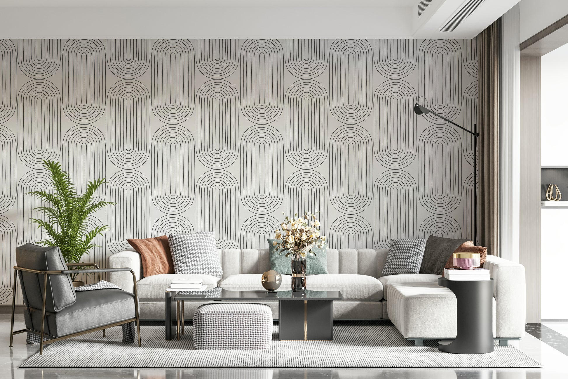 Arched wall mural with continuous lines, vintage style, subtle pattern.