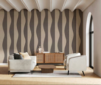 Curving stripe wall mural, stylish, mid-century modern, appealing design.