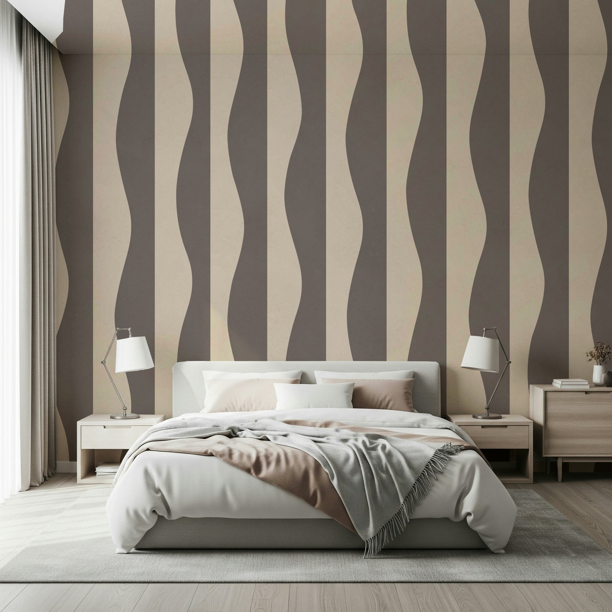 Bohemian Groovy Stripes wallpaper, neutral, abstract, rhythmic wave pattern.