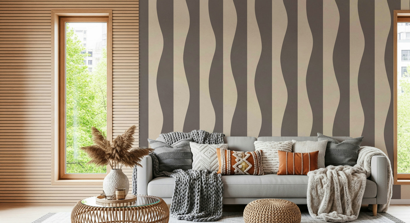 Groovy Stripes wallpaper mural: Wavy, vertical, retro pattern, gray, cream.