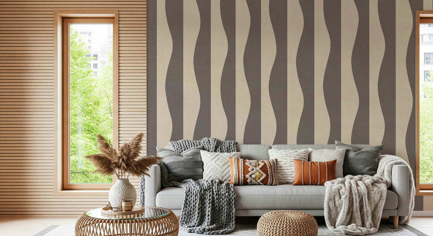 Groovy Stripes wallpaper mural: Wavy, vertical, retro pattern, gray, cream.
