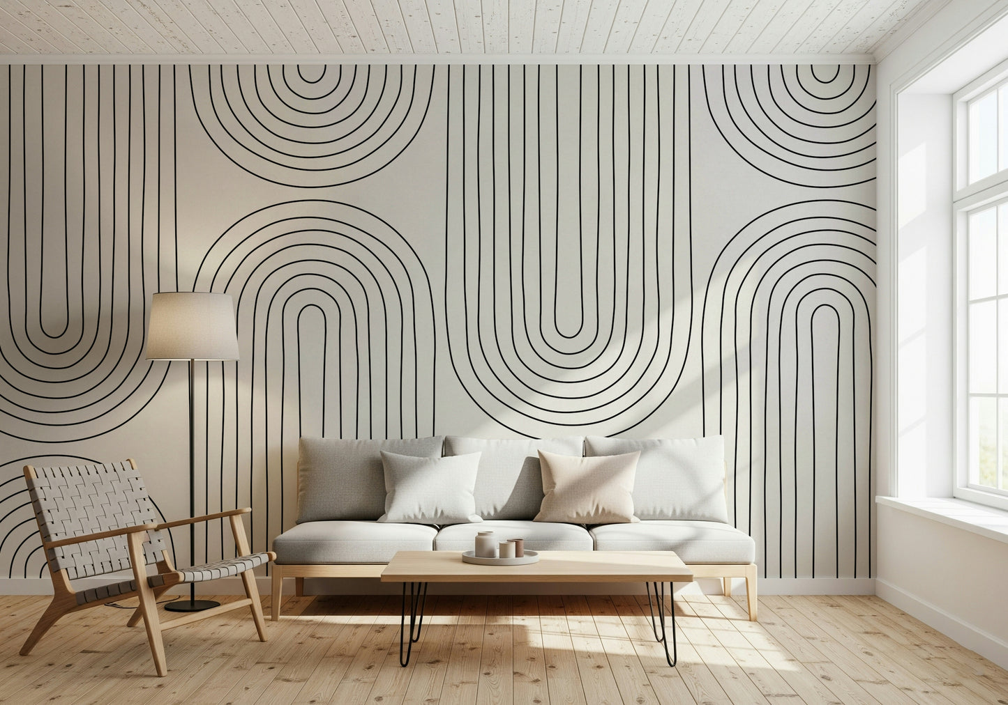 Arched Simplicity minimalist wall mural. Black white clean geometric wallpaper design.