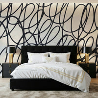 Loop Lines abstract mural design. Bold black scribble wallpaper art. Dynamic wall covering.