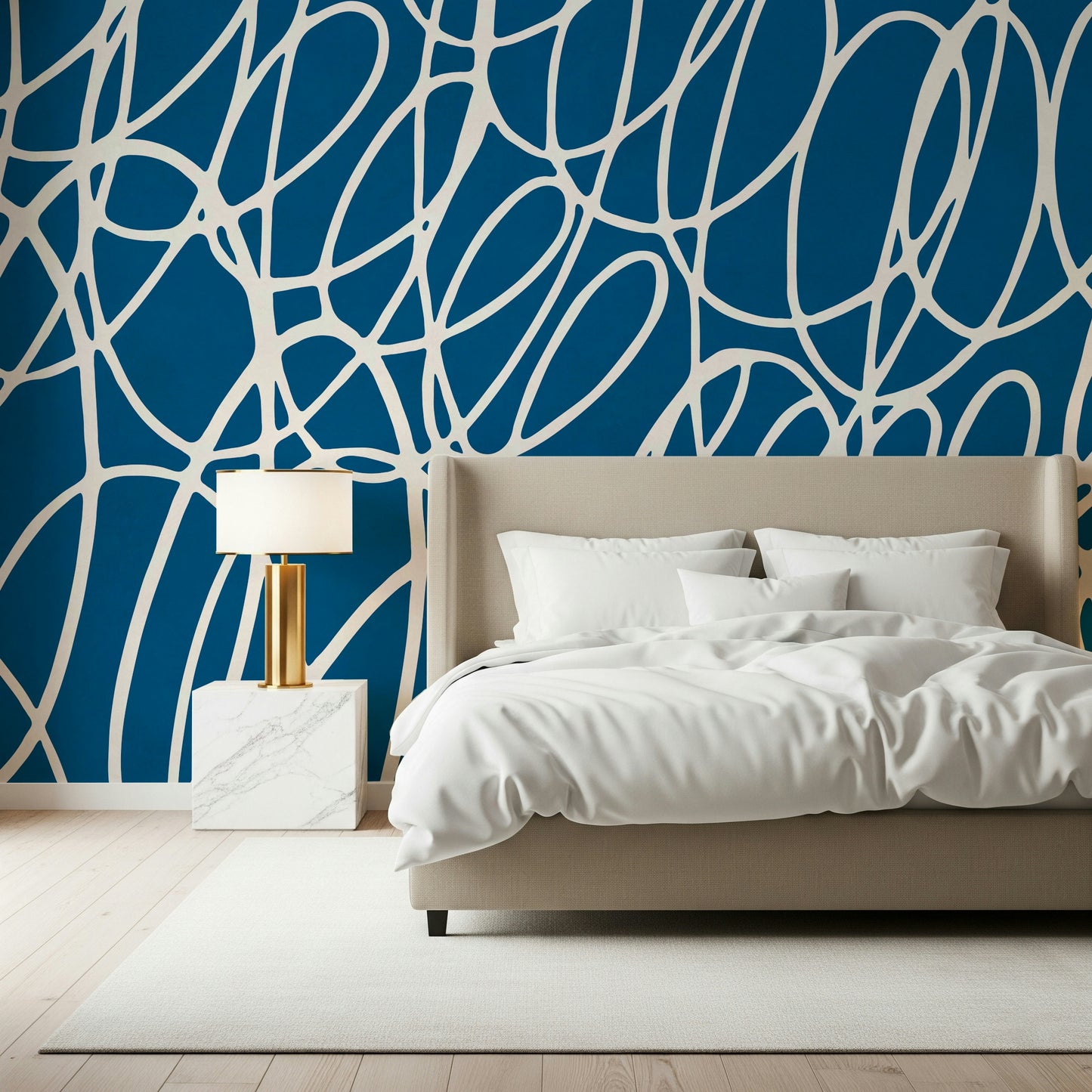 Stylish dark blue wall covering, an artistic Scribble pattern for any space.