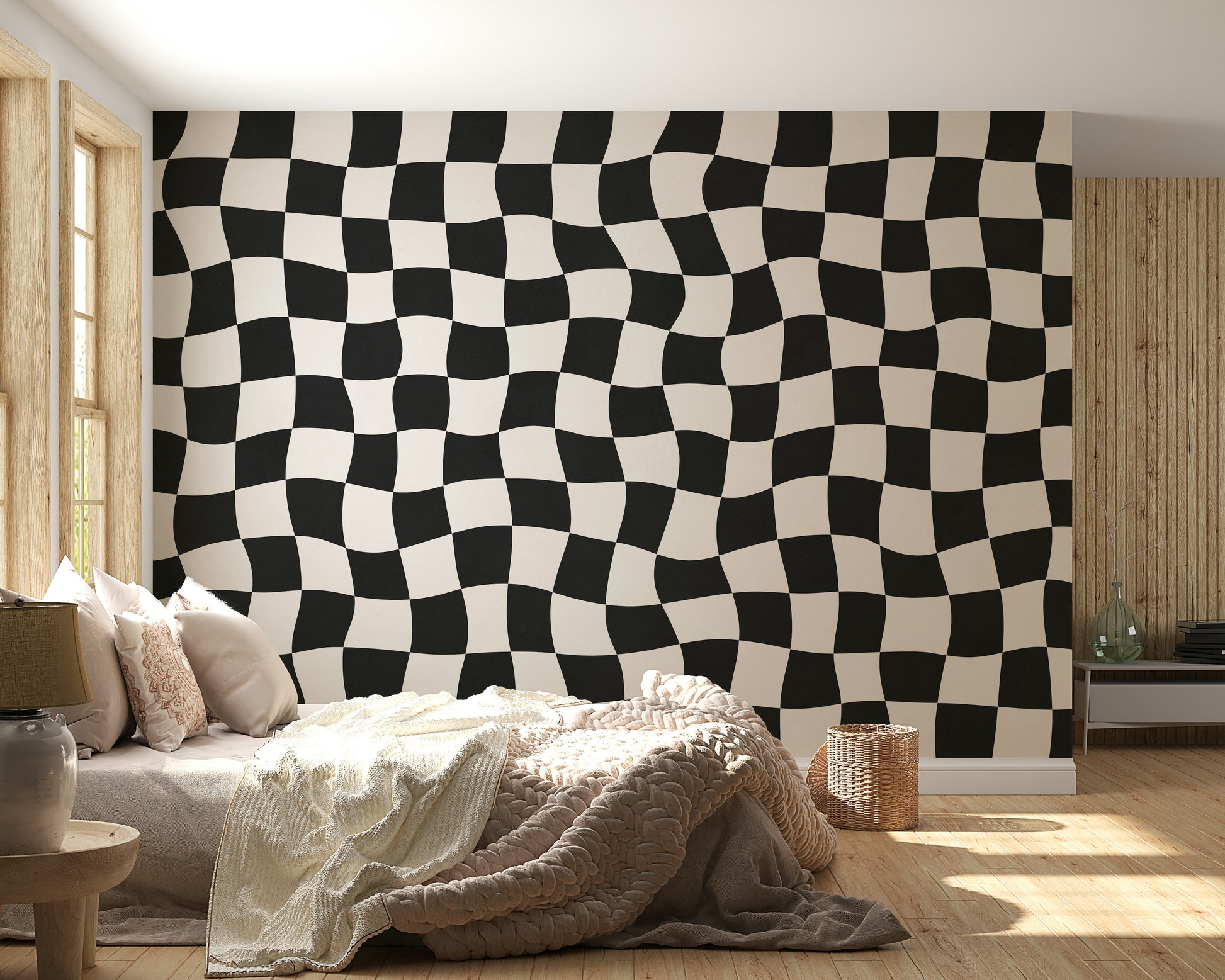 Wavy Check wallpaper optical illusion checkered pattern.