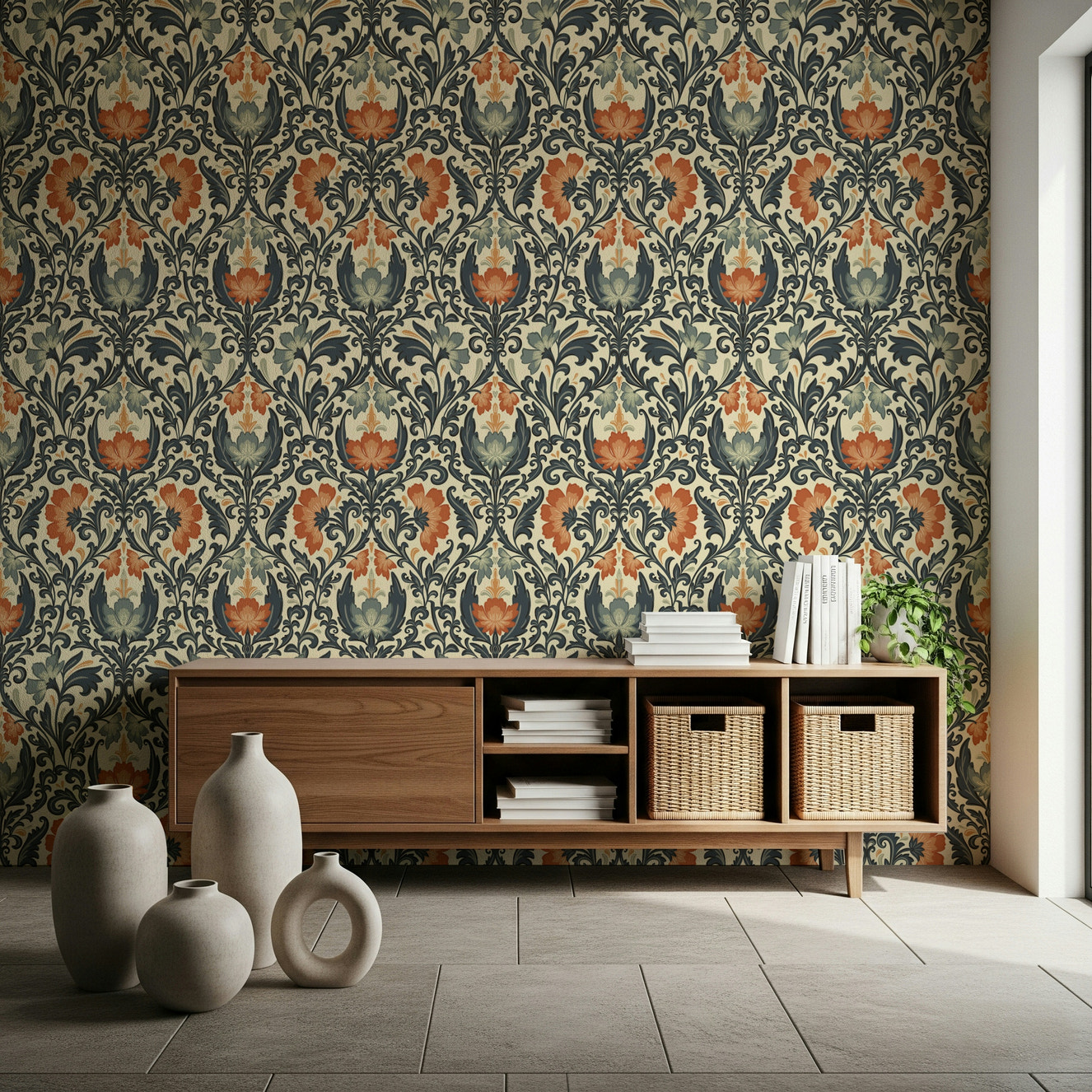 Timeless Floral Opulence wallpaper, rich dark blue and terracotta flower wall mural design.
