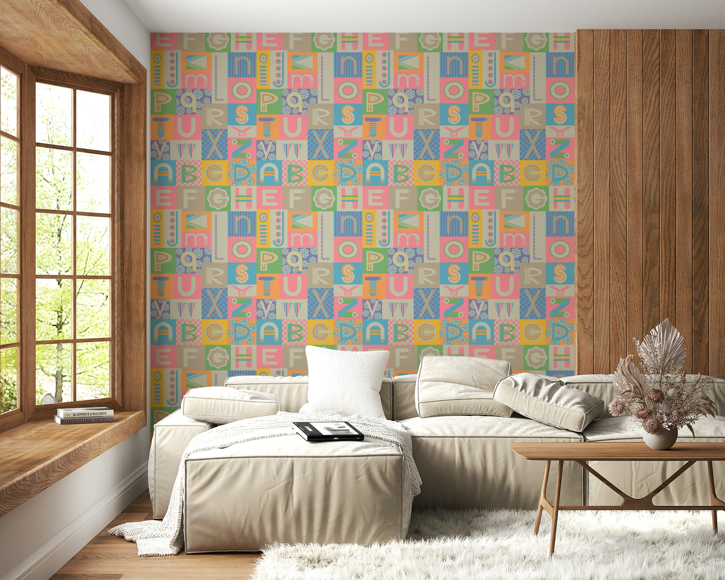 Scattered checkered background in ABCs Pastel Geometric Wallpaper fun design.