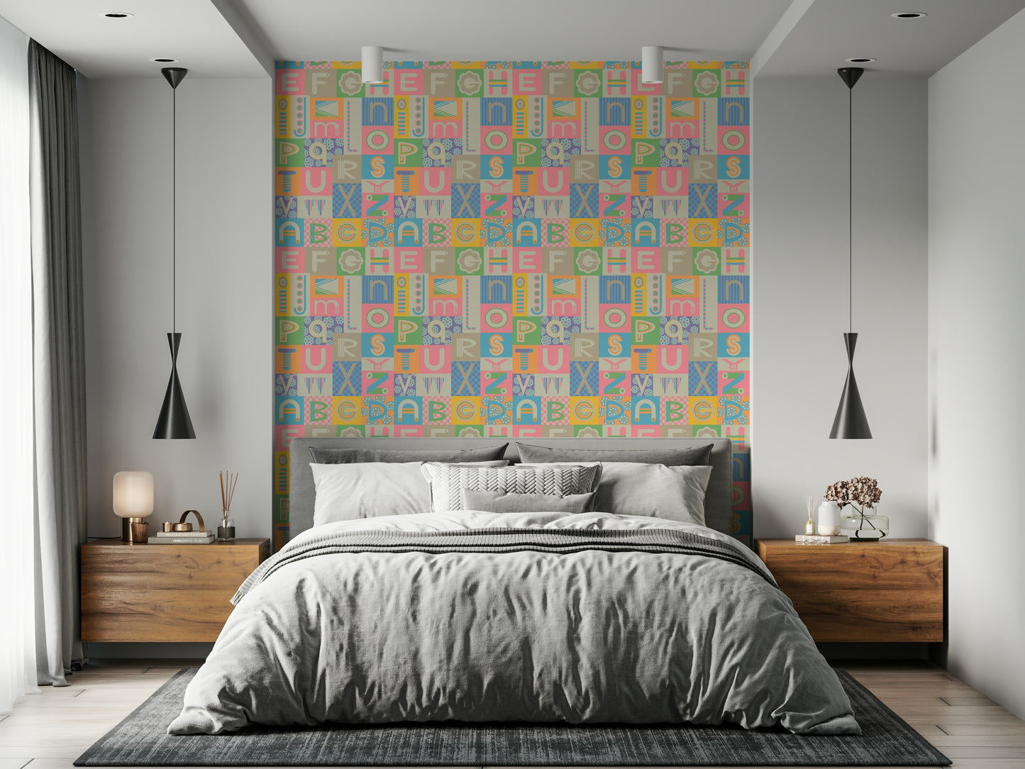 Wallpaper Wall Mural ABCs retro vibrant blocks interior design cheerful look.
