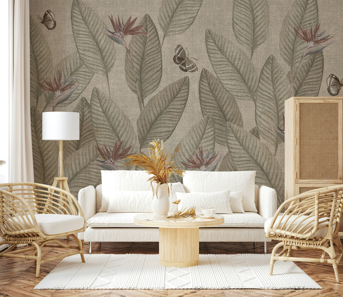 Jungle Life Muted wall mural offers an understated tropical escape with detailed leaves.