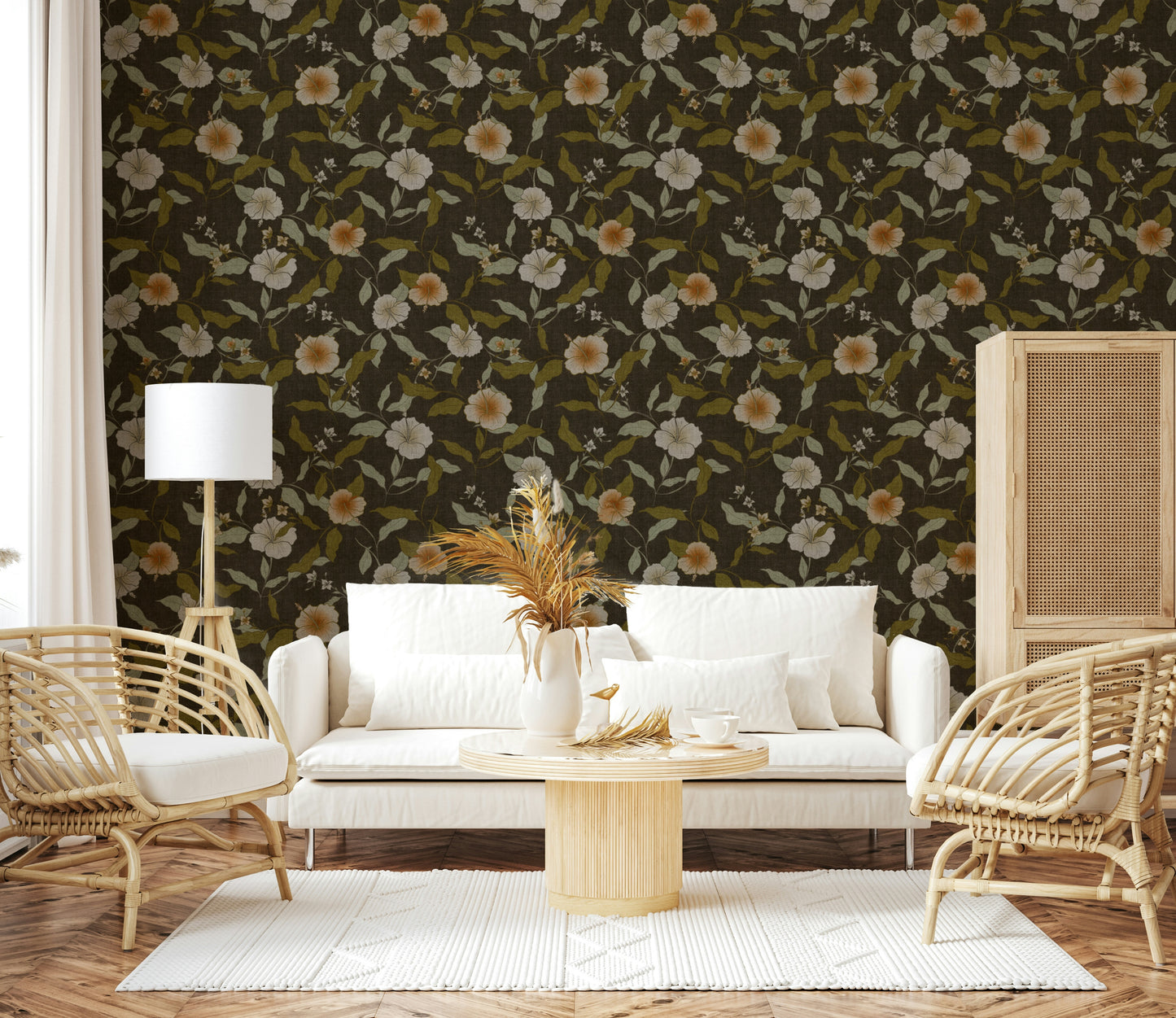 Old Fashioned floral wallpaper dusky rich fabric look.