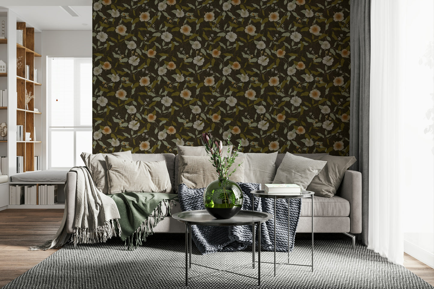 Nostalgic Tropical Floral sketch, atmospheric dark colorway room wallpaper.