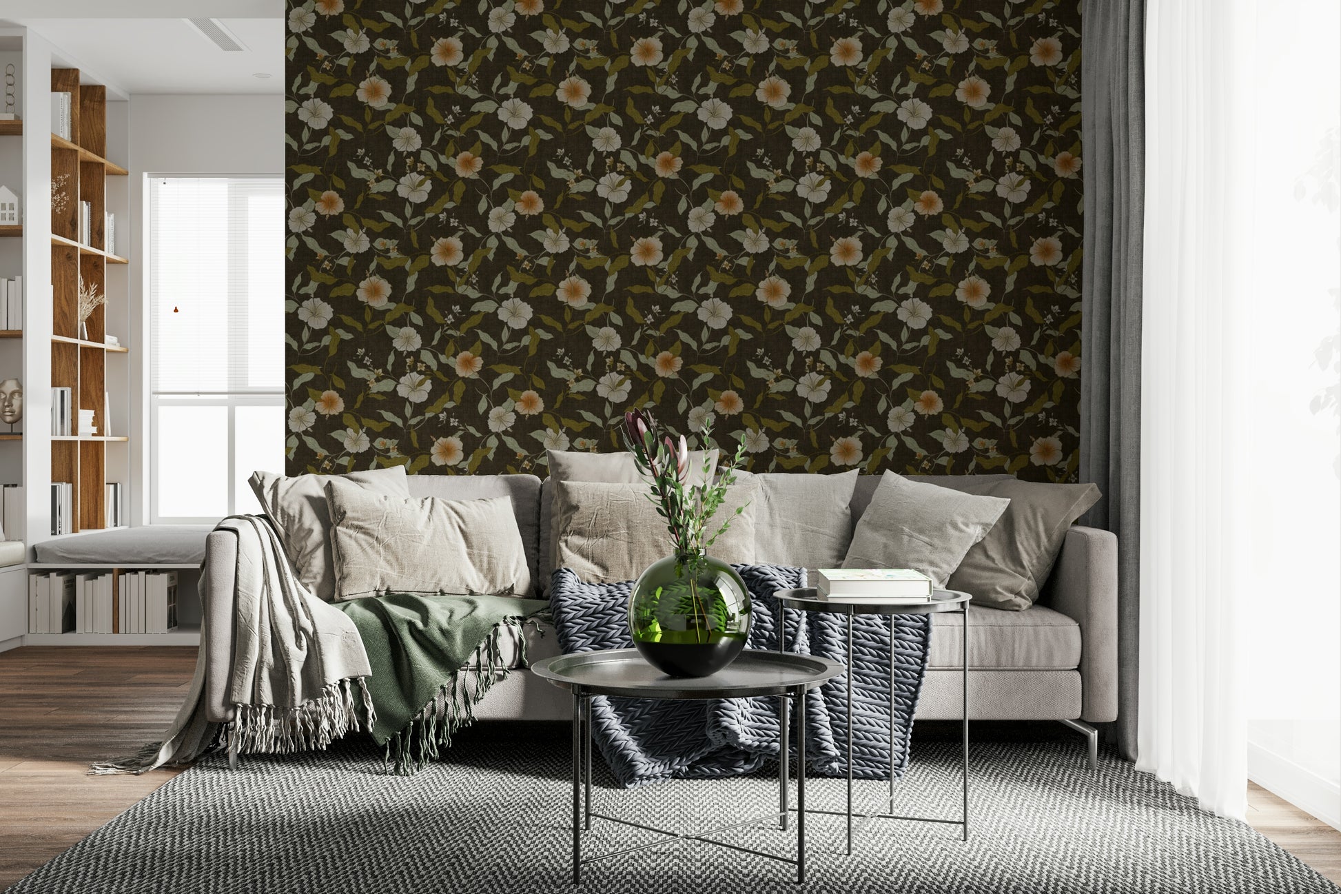 Nostalgic Tropical Floral sketch, atmospheric dark colorway room wallpaper.