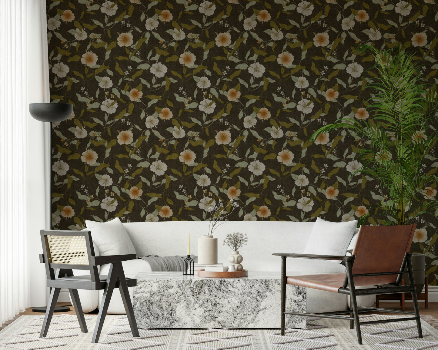 Retro Old Fashioned pattern wallpaper, distressed tropical leaf and flower.