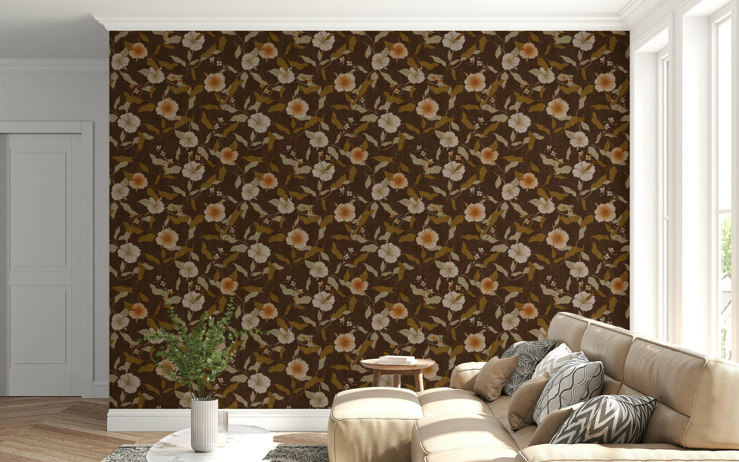 Hibiscus and foliage design wallpaper in deep color tones.