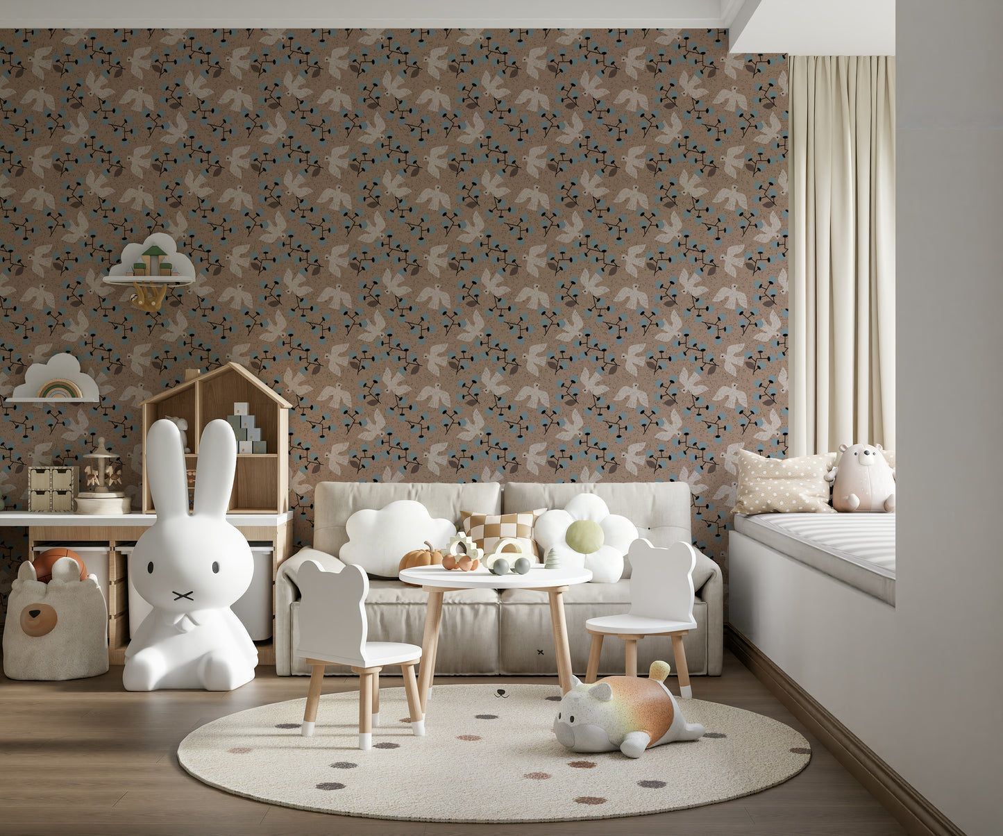 Beige repeating dove pattern Dove & Berry Delight wallcovering.
