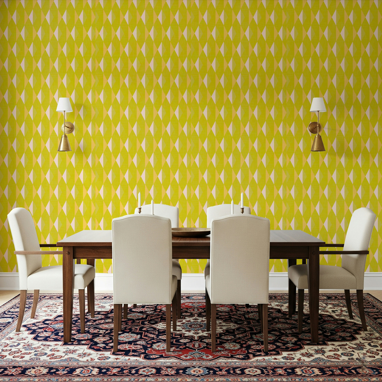 Cheerful geometric pattern wallpaper for an energetic room.