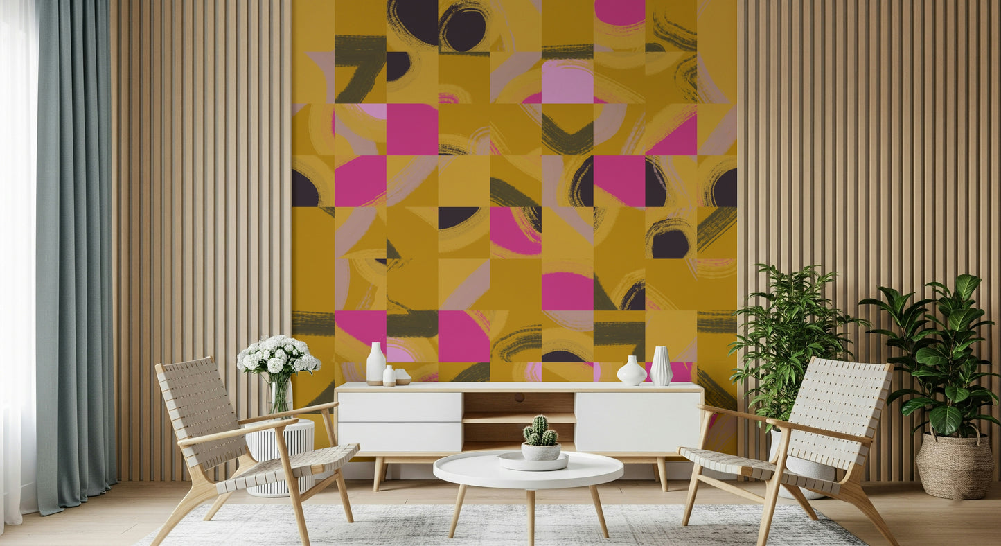 Abstract color block paint mural contemporary wall design.