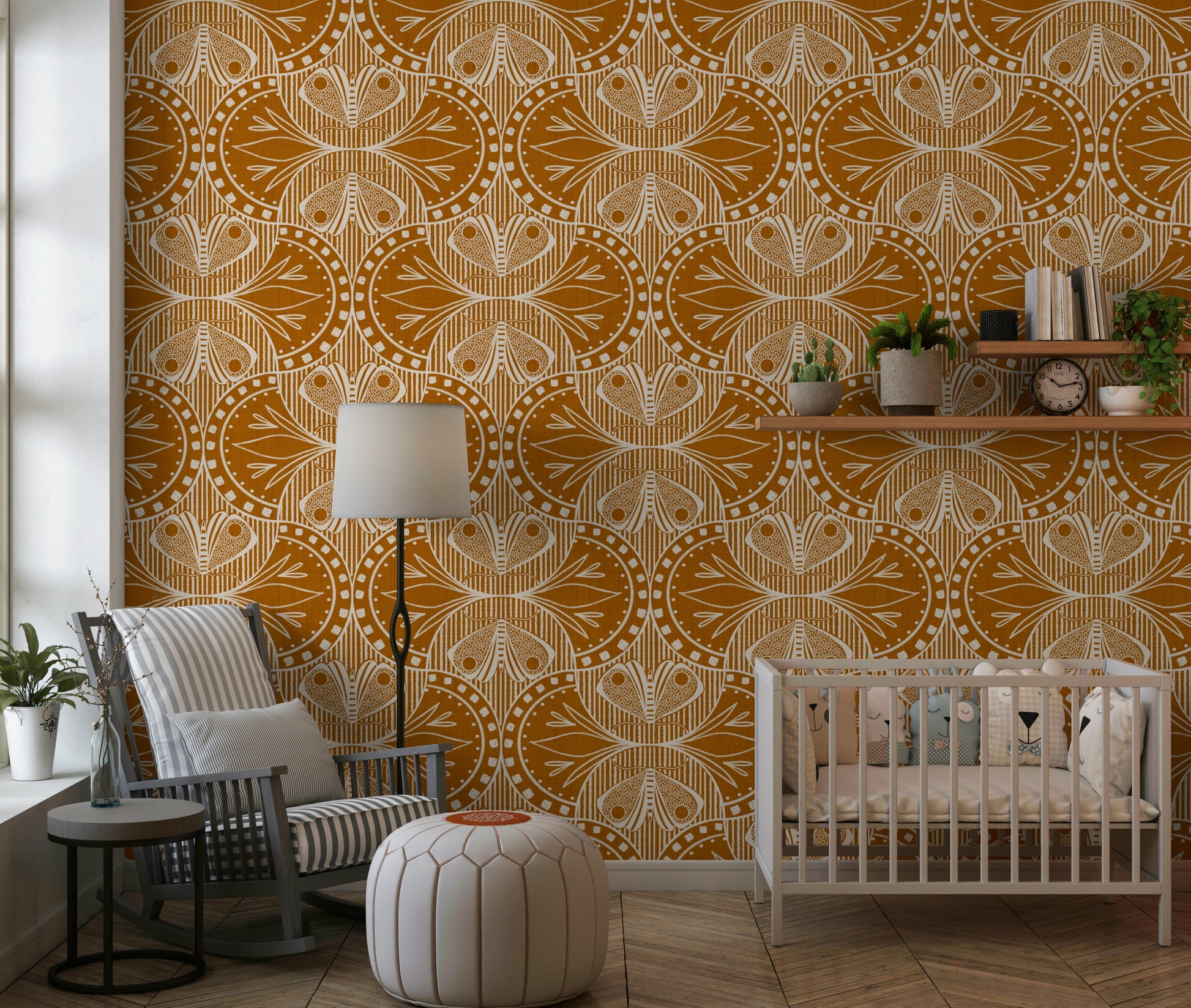 Art Nouveau Butterfly Floral in Burnt Orange wallpaper vintage design pattern.