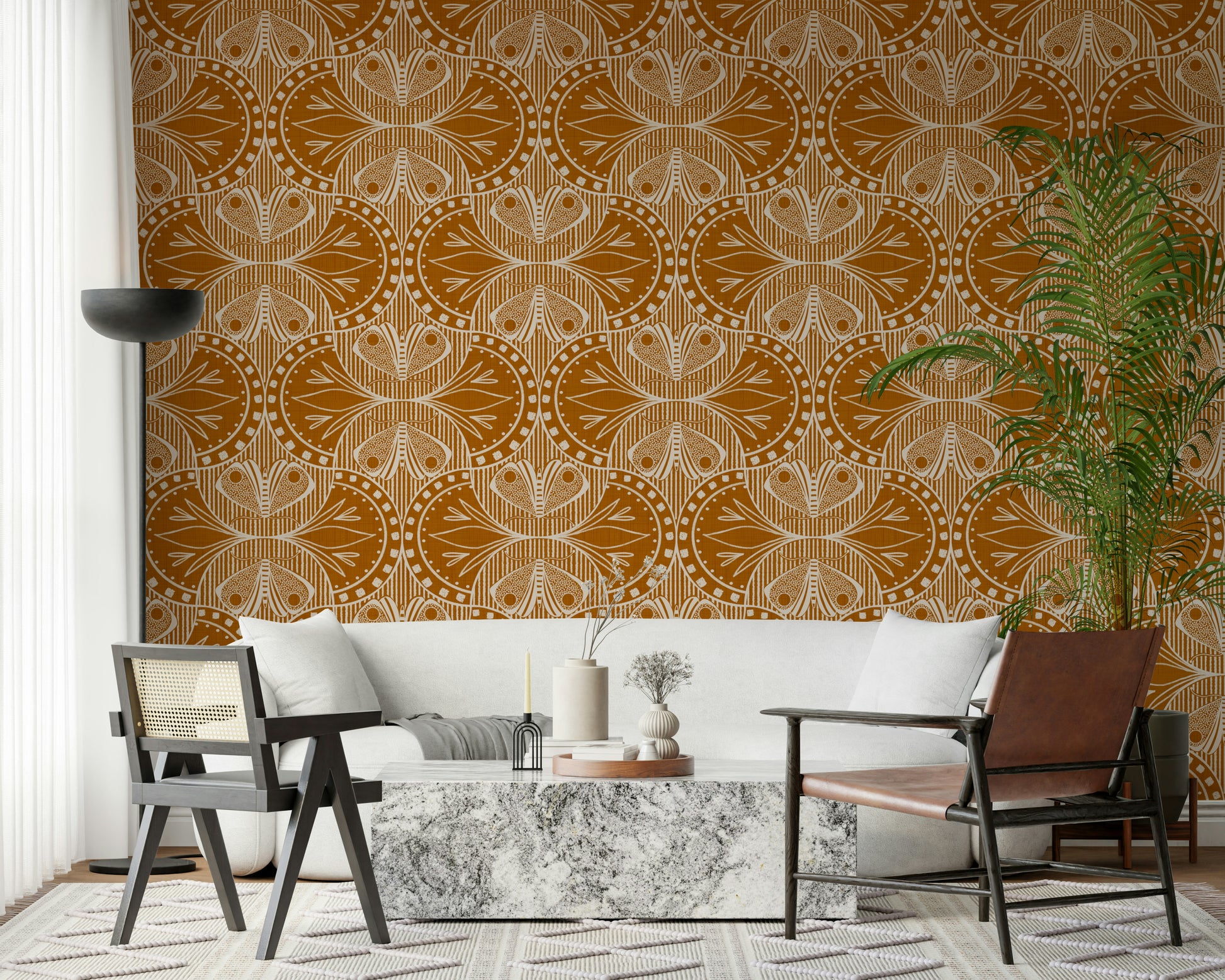 Warm earth tone repeating insect motif wallpaper decorative interior accent.