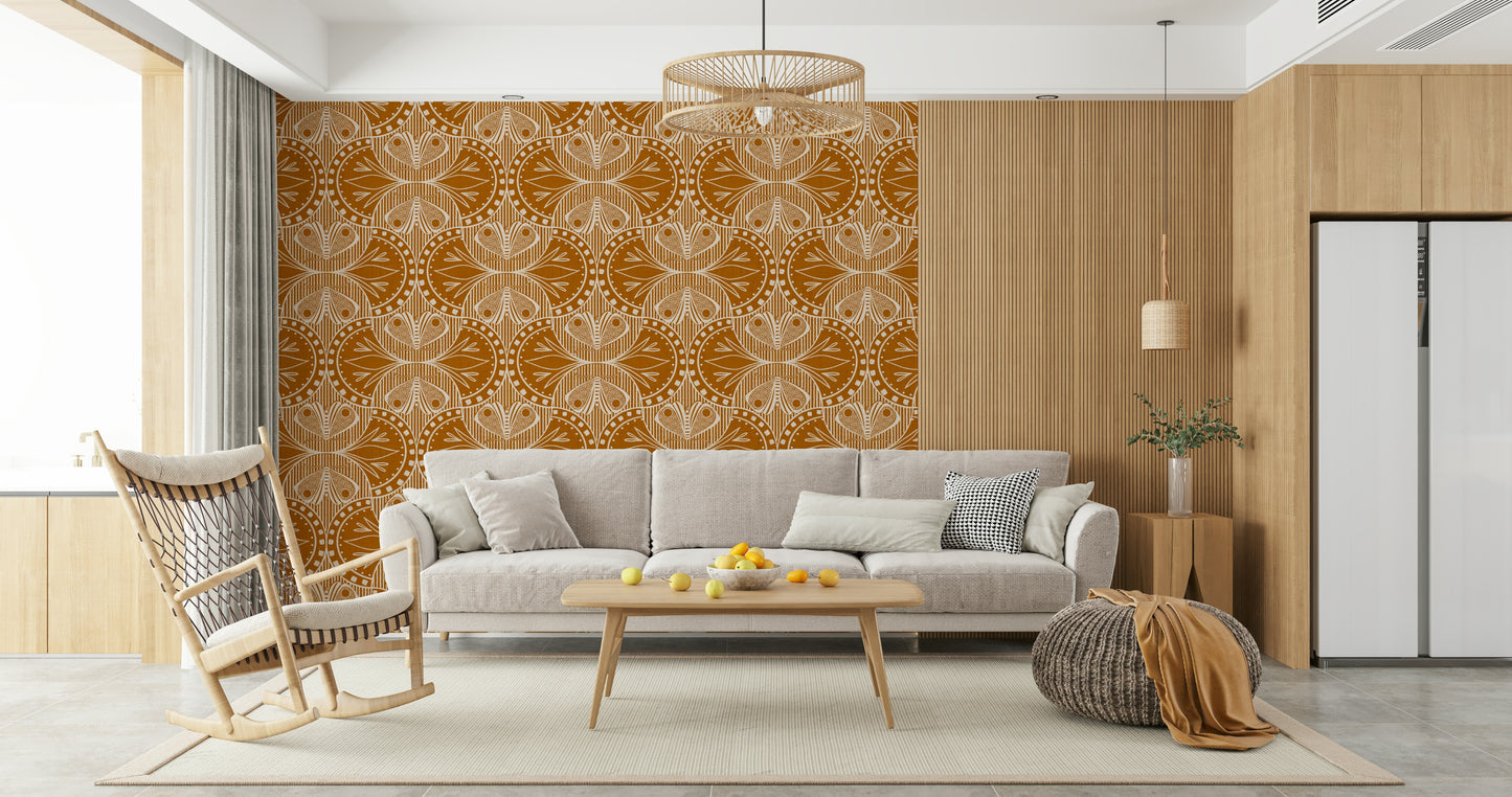 Terracotta color Art Deco moth mural stylized organic shapes repeat.