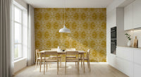 Artistic butterfly and vine wallpaper, sweeping lines, sunlit mustard accent.