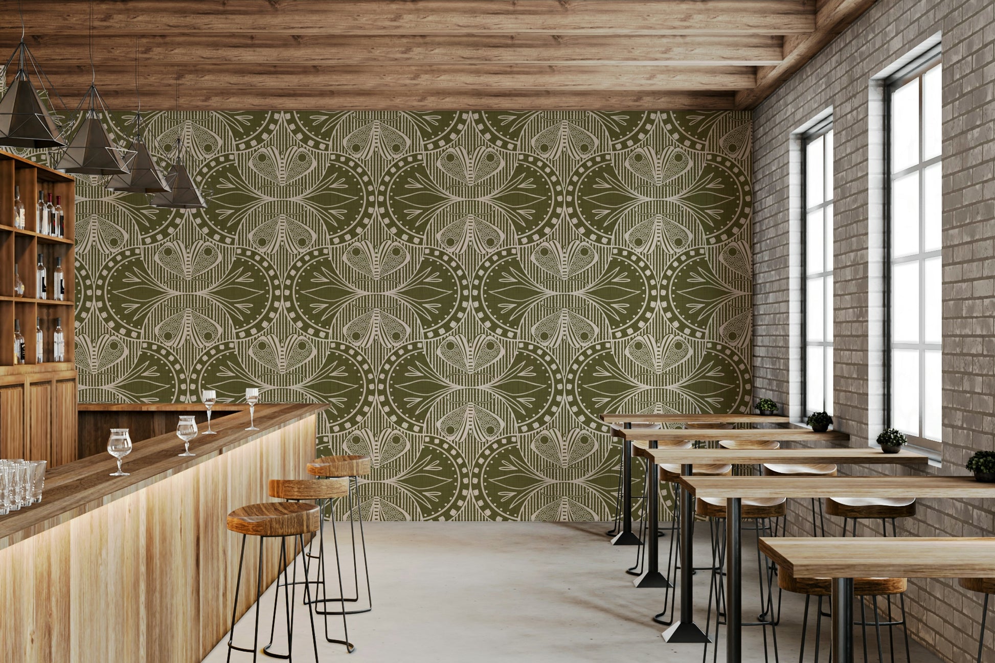 Art Nouveau Butterfly Floral wallpaper in Olive Drab, captivating artistic illustration.