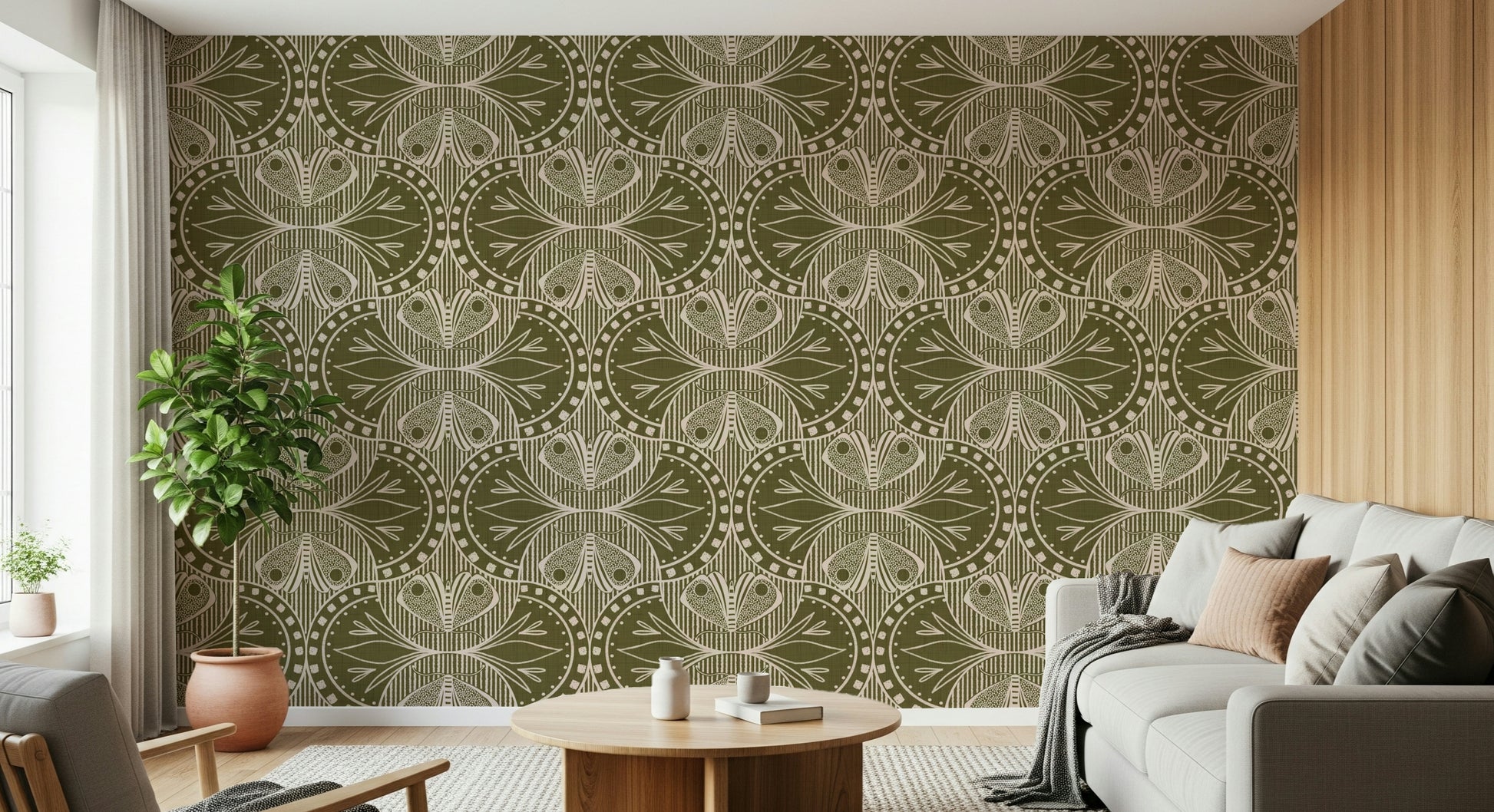 Olive and beige Art Nouveau wallpaper, vertical stripes, artistic movement.