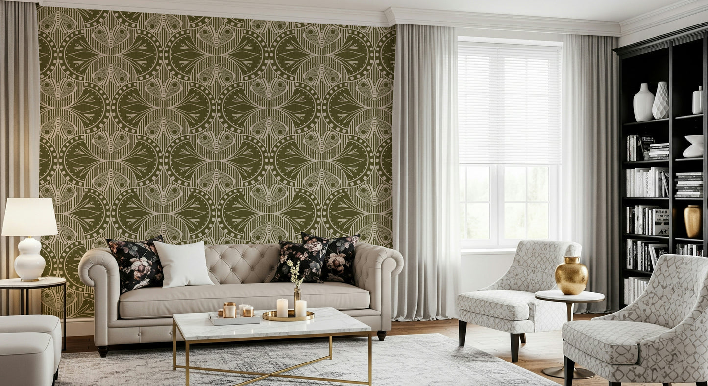 Botanical and insect wall mural, complex motif, luxurious texture finish.
