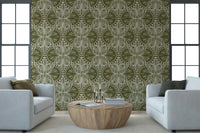 Bespoke wallpaper with winged creatures, detailed print, military tone.