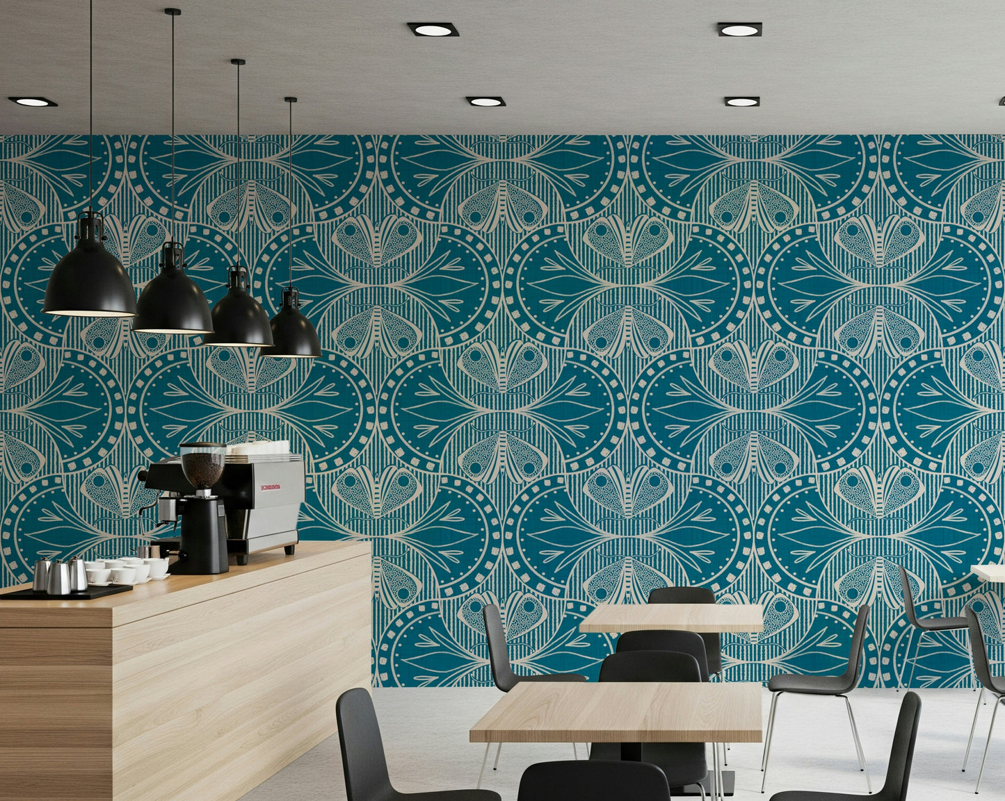 Artistic butterfly repeating wallpaper, curvilinear lines, striking blue color.
