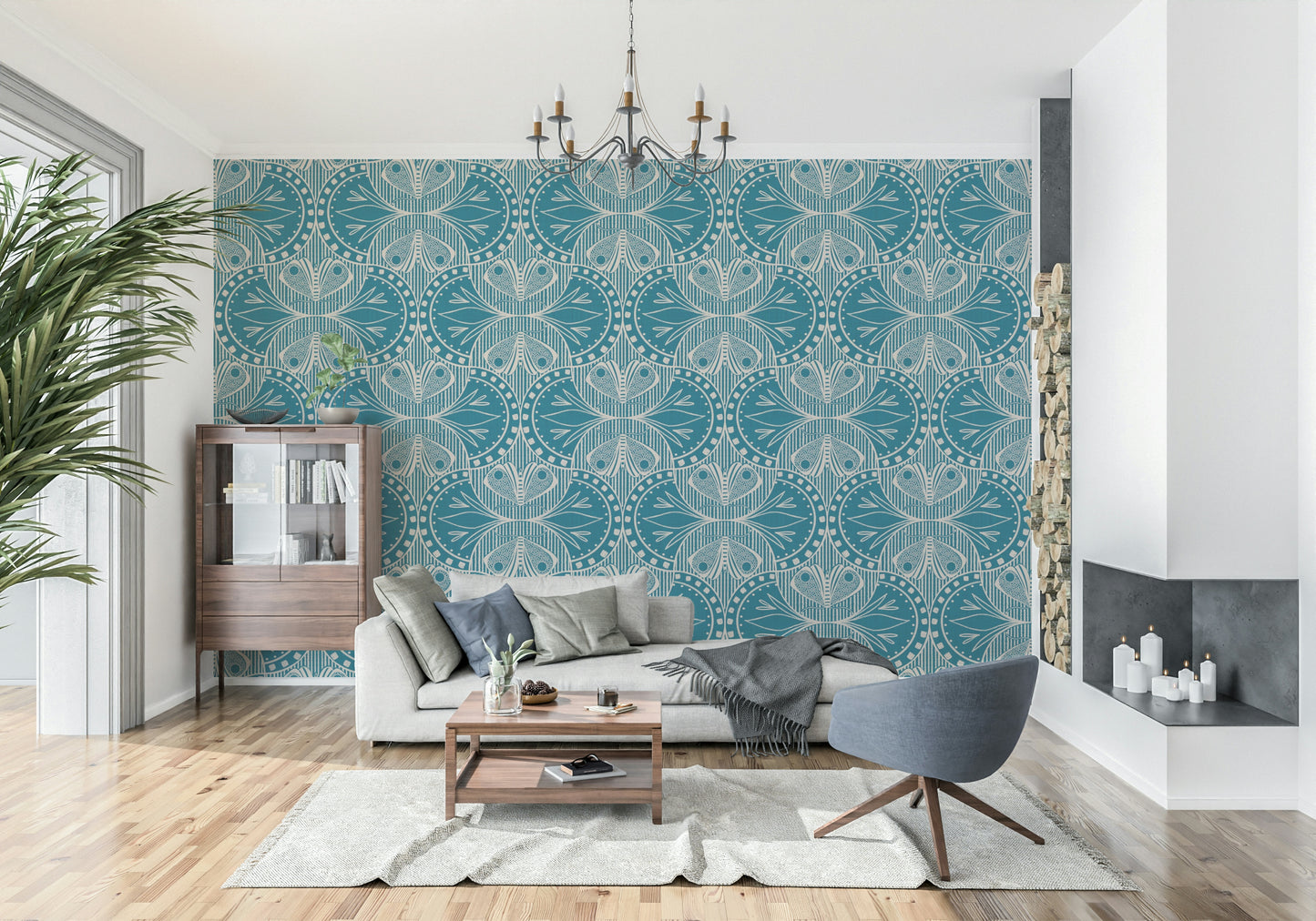 Teal blue wallpaper for walls, sophisticated design, ornamental elegance.