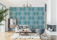 Teal blue wallpaper for walls, sophisticated design, ornamental elegance.