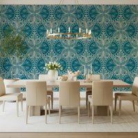 Art Nouveau Butterfly Floral Teal Blue, swirling botanical forms wall covering.