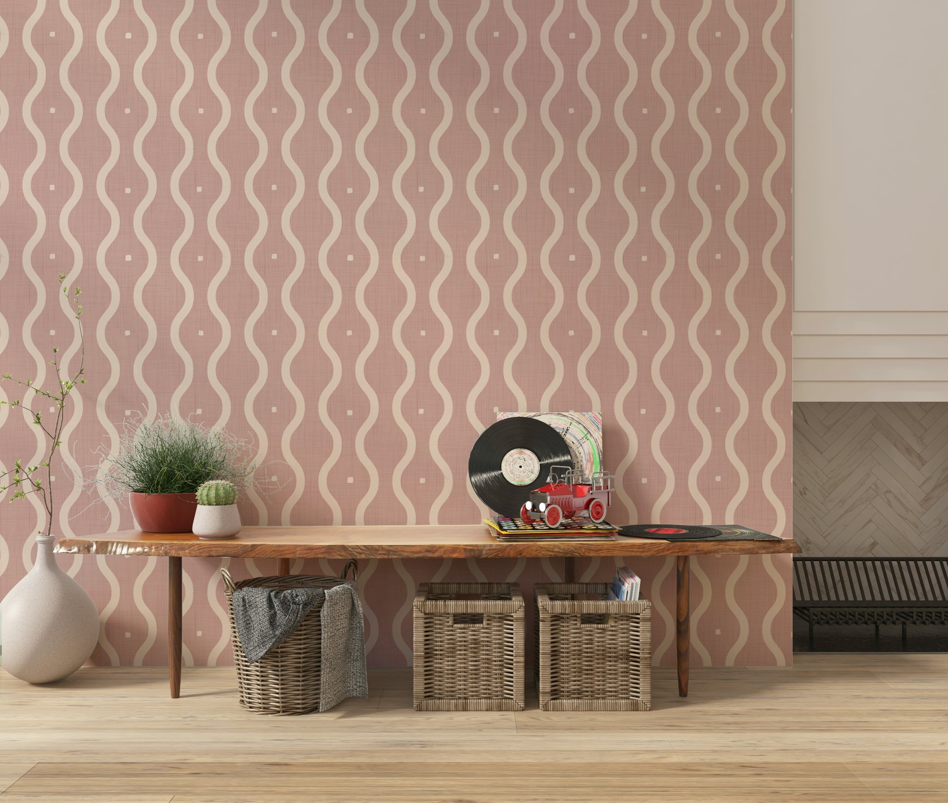 Sophisticated wall mural, dusky pink fabric effect, fun movement.