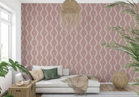 Textured wall mural, light cream wavy ribbons, playful geometric.