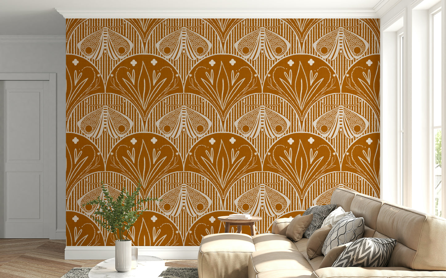 Boho Art Nouveau Scallop Butterfly Floral in Burnt Orange Wallpaper⁠