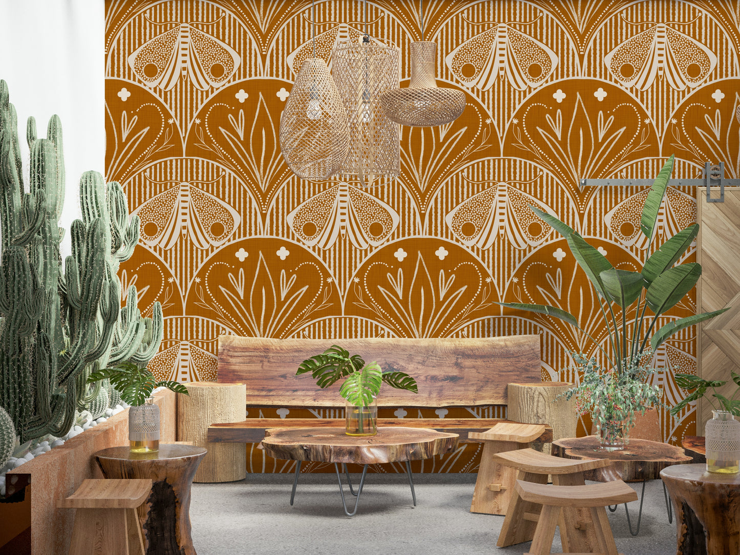 Boho Art Nouveau Scallop Butterfly Floral in Burnt Orange Wallpaper⁠