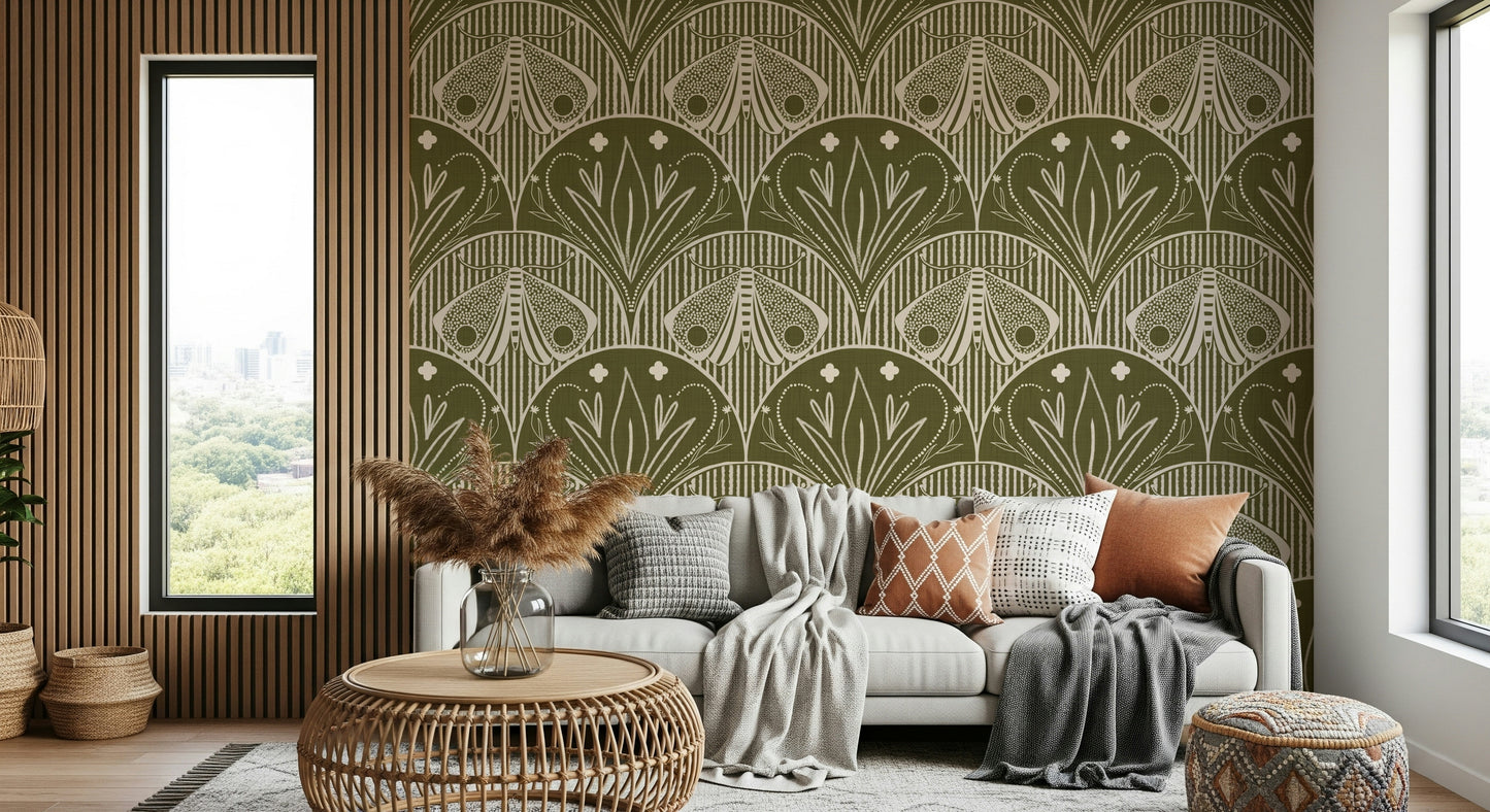 Boho Art Nouveau Scallop Butterfly Floral in Olive Drab Wallpaper⁠