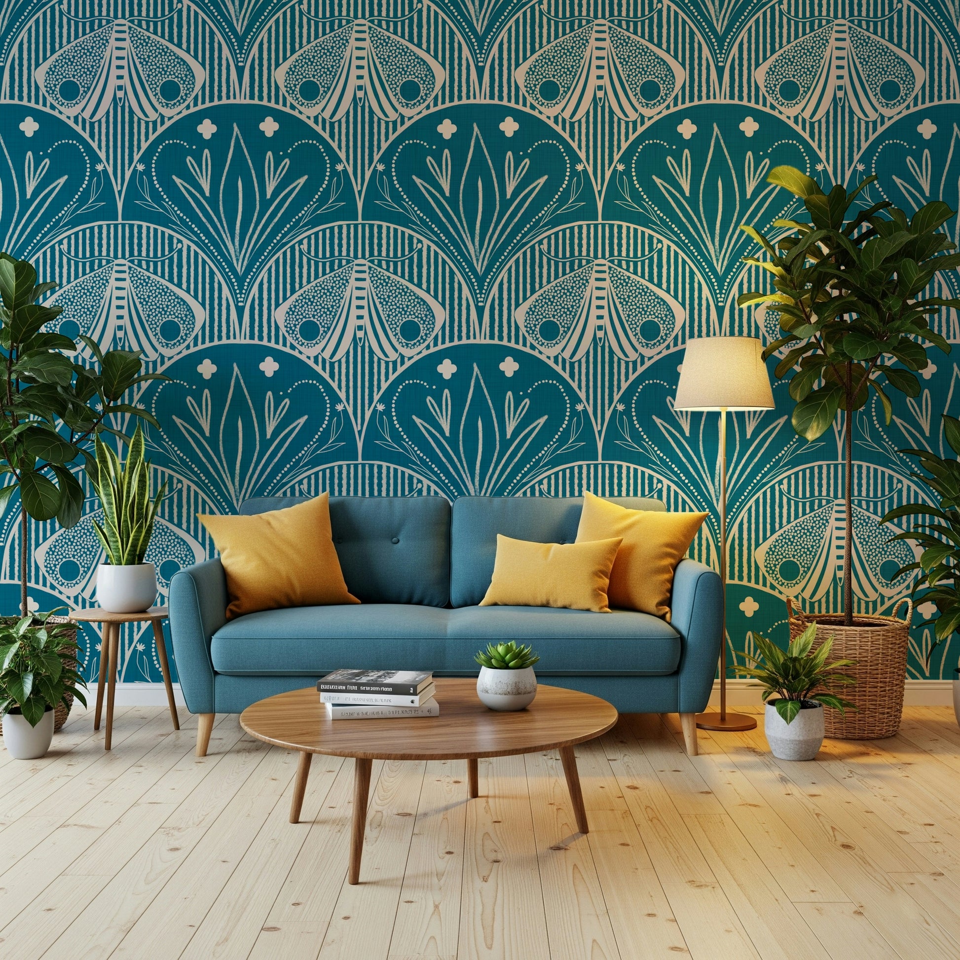 Striking Scallop Butterfly Floral in Teal Blue peel and stick wallpaper art.
