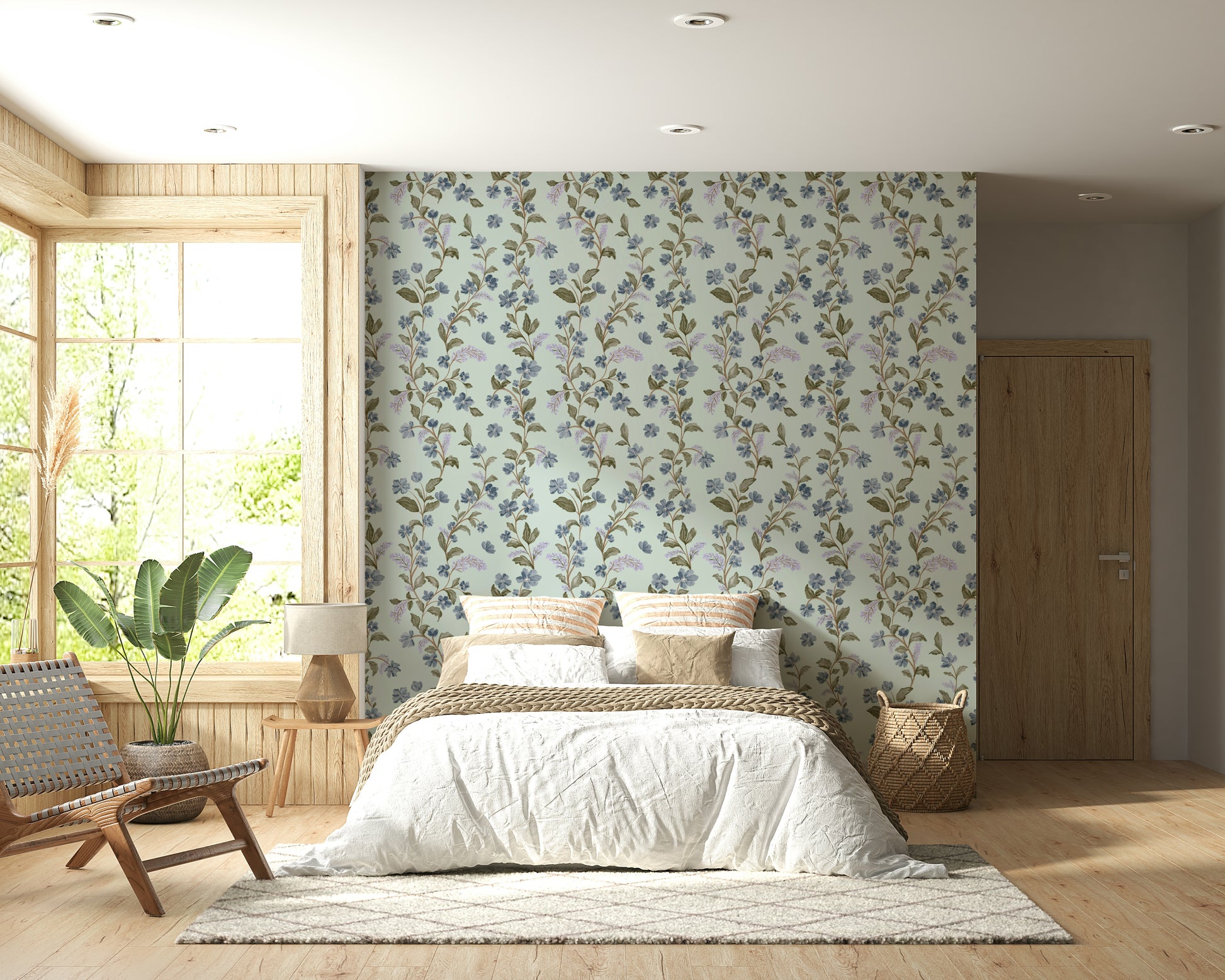 Charming Soft Blue Floral Pattern peel and stick wallpaper delicate vine print.