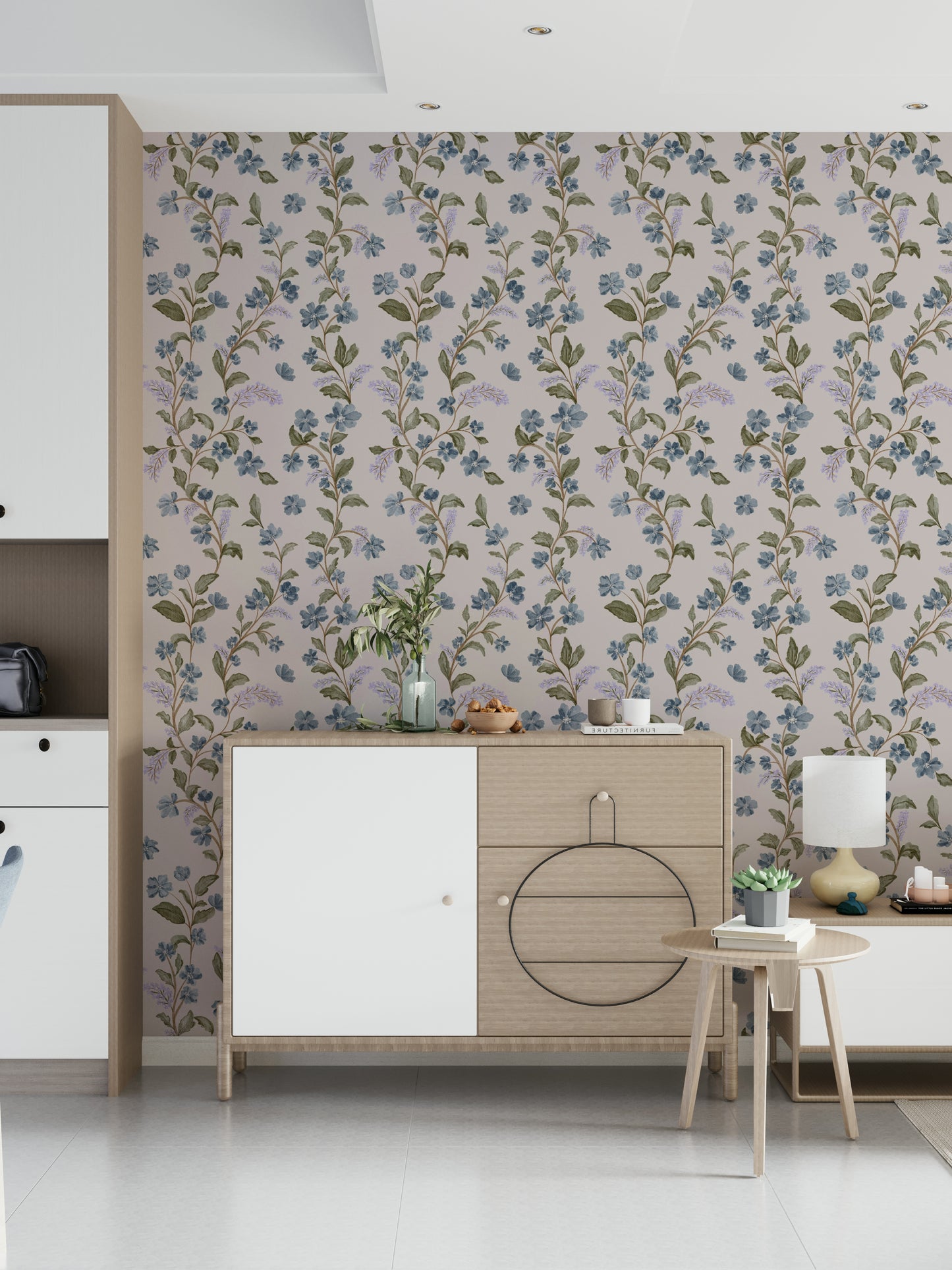 Winding botanical stalks define Denim Dreams Floral for walls.
