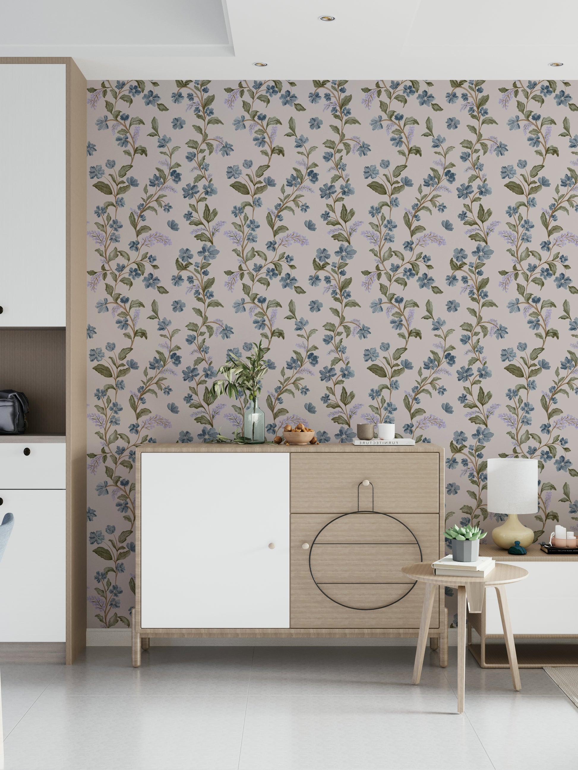 Winding botanical stalks define Denim Dreams Floral for walls.