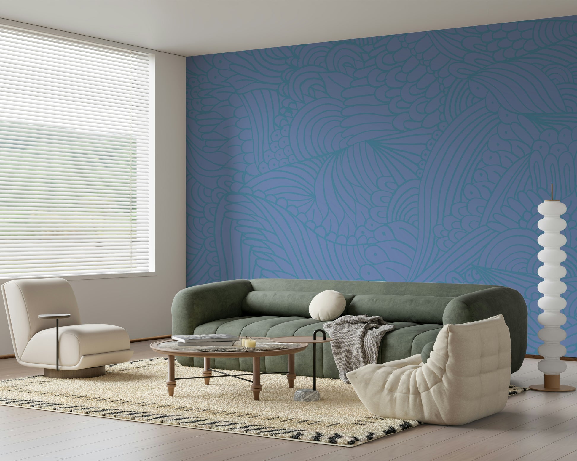 Artistic organic flow wallpaper. Azure Zen Doodle gentle design.
