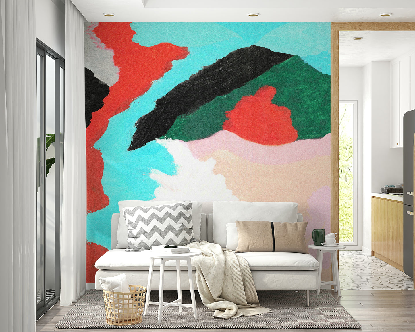 Oversized abstract shapes wallpaper. Lagoon Wall artistic installation.
