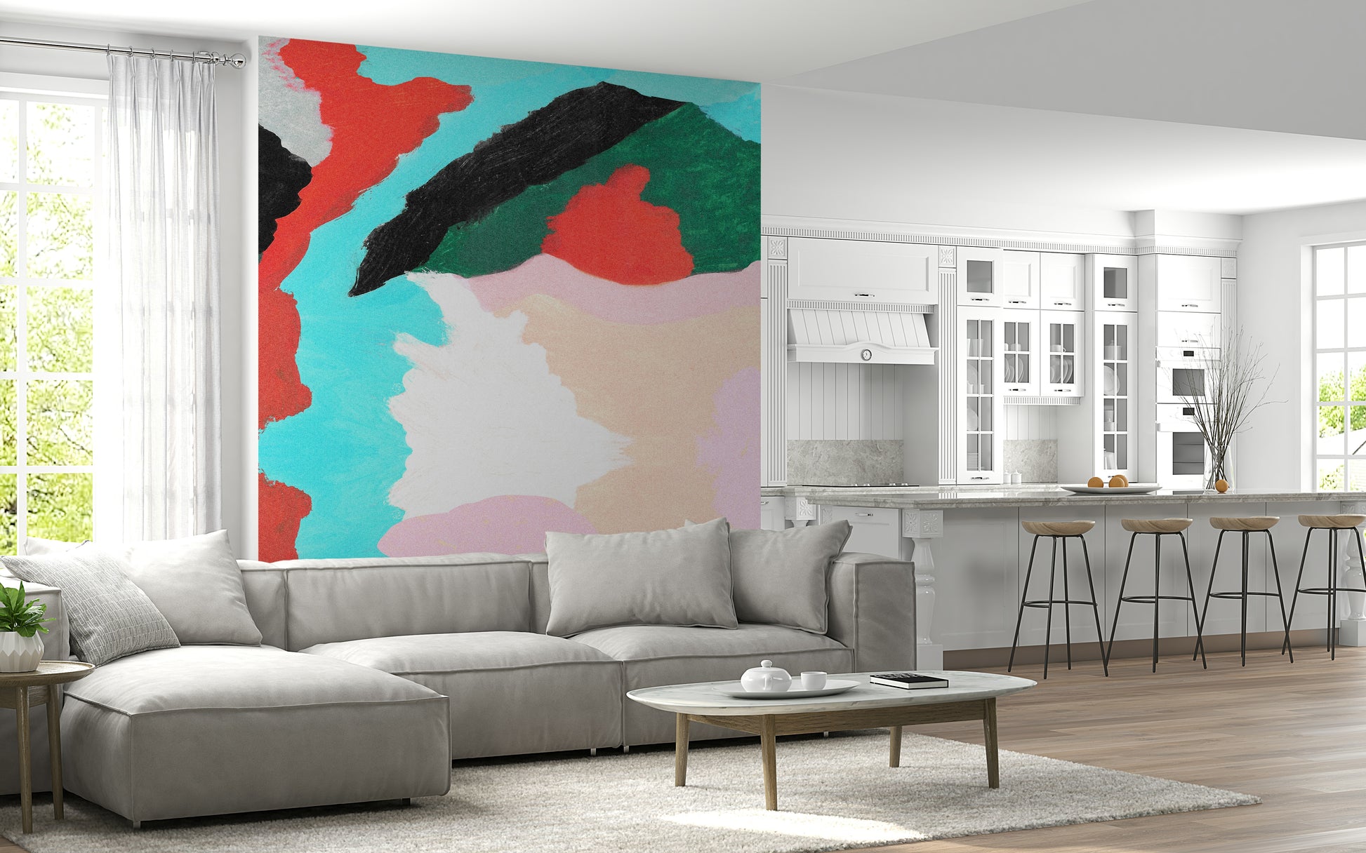 Bold color blocks wallpaper. Lagoon Wall dramatic abstract design.