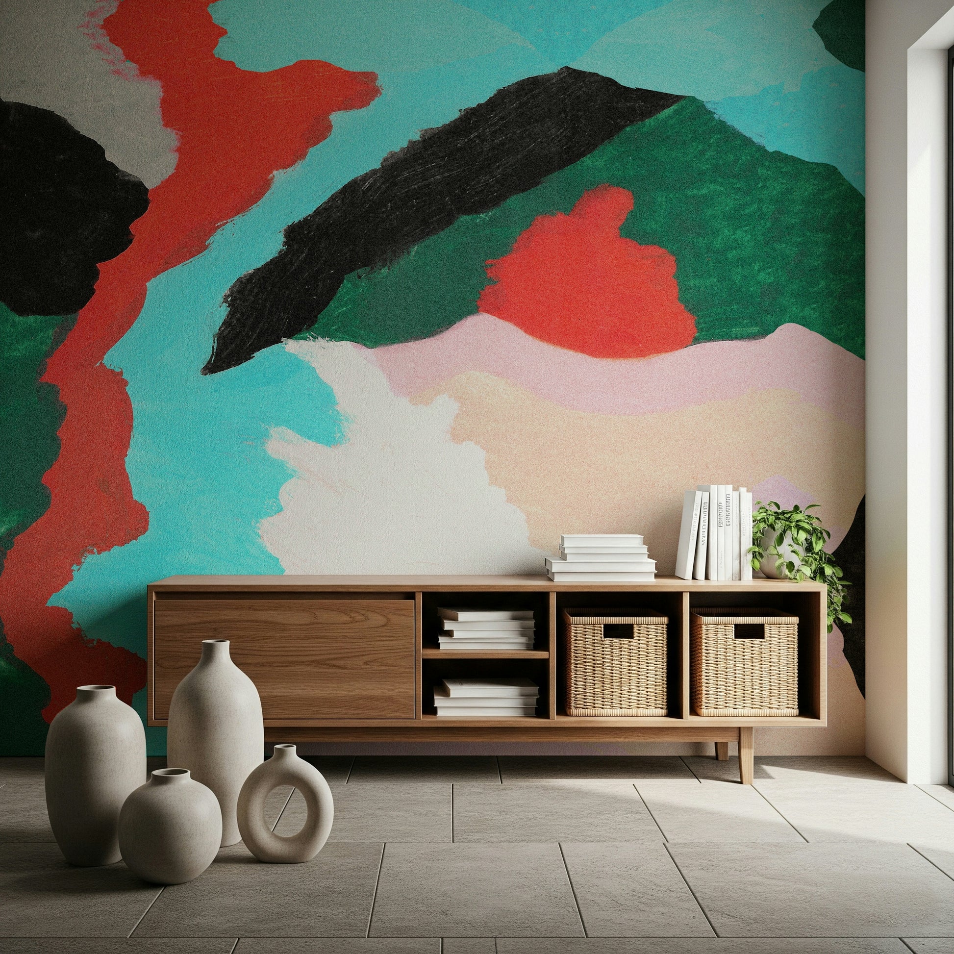 Modern brushstroke art wallpaper. Lagoon Wall vibrant artistic pattern.