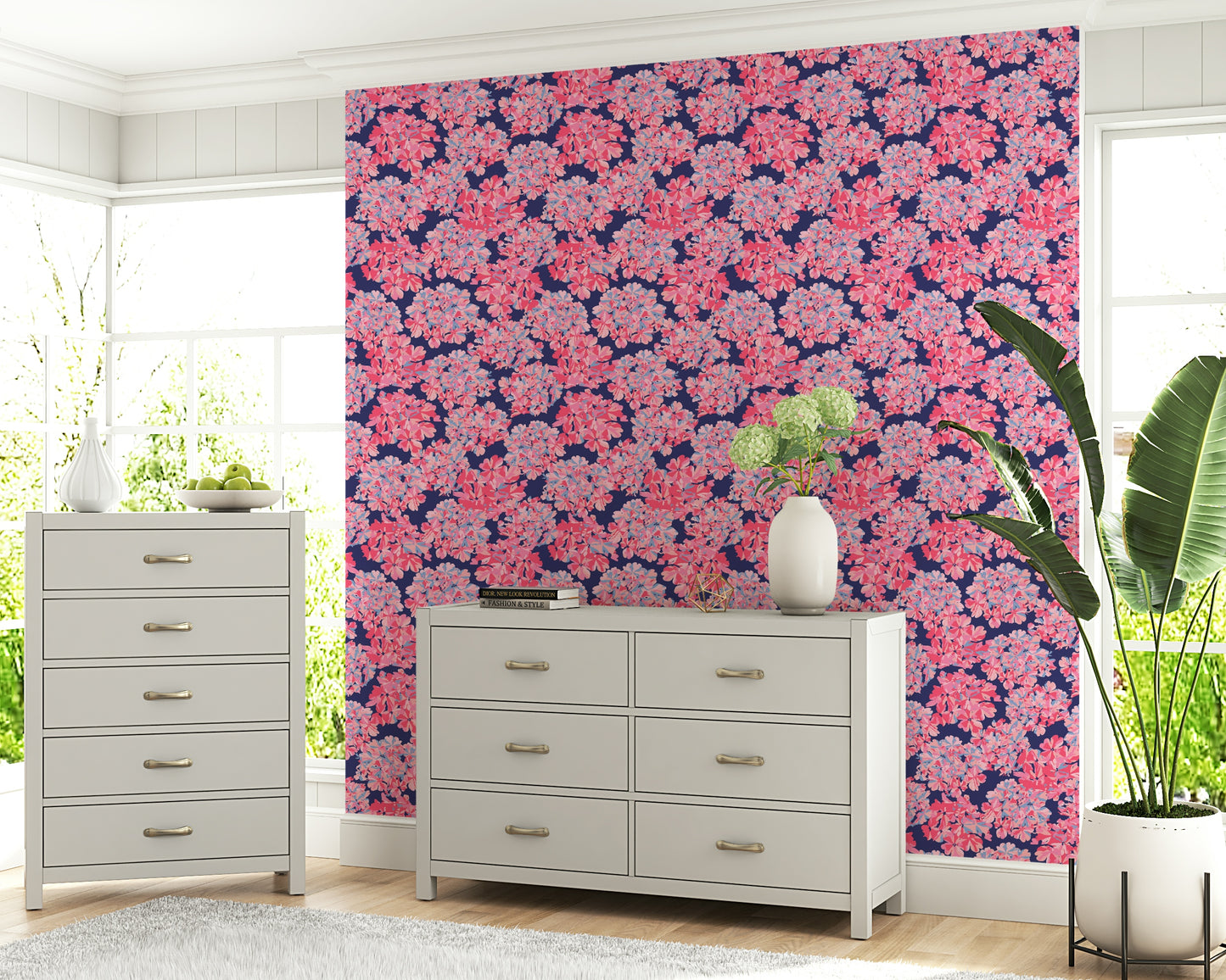 Abstract hydrangeas print wall decor. Big Bloom Hydrangeas Vintage mural.