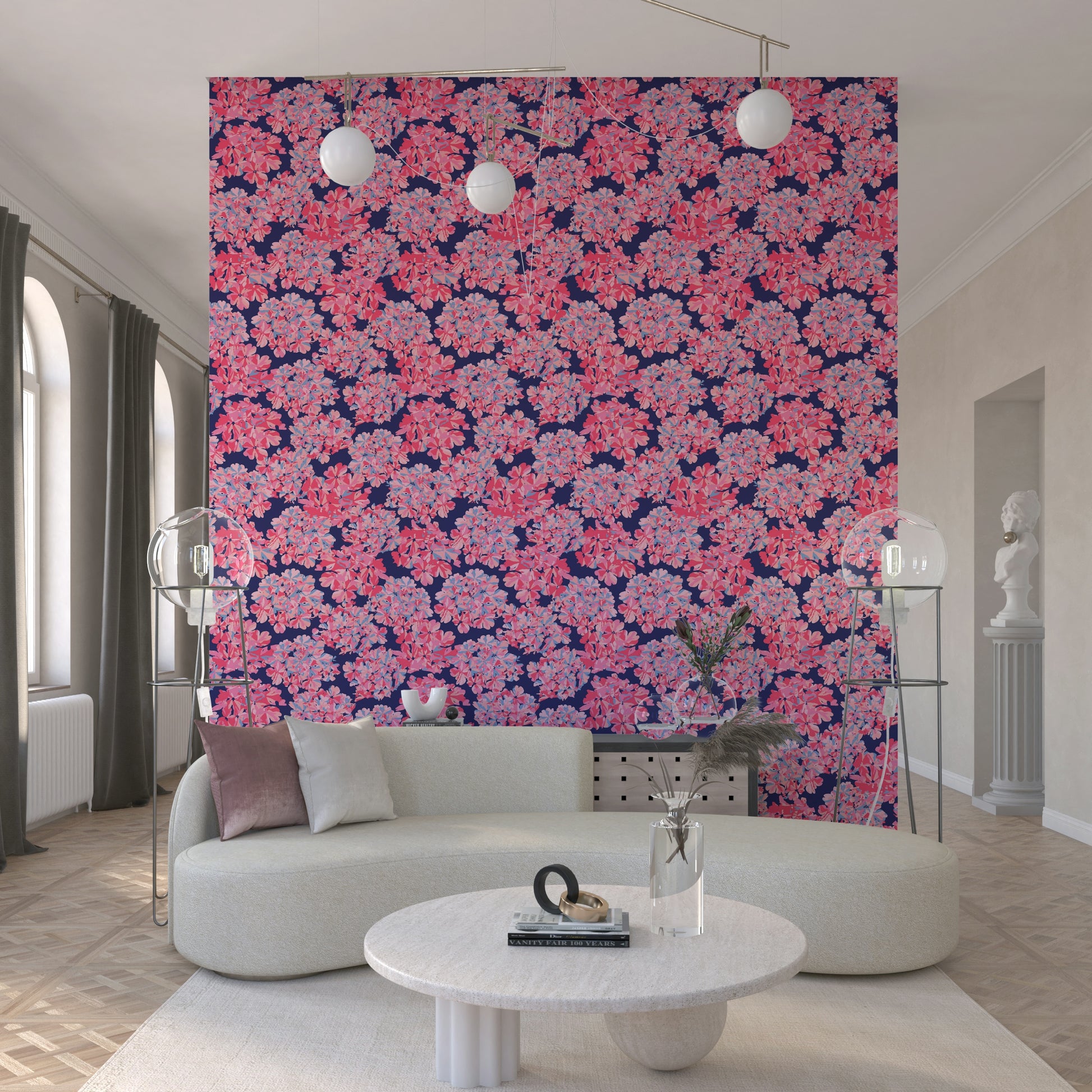 English Floral Antique large flower wallpaper. Pink Blue Blush pattern.