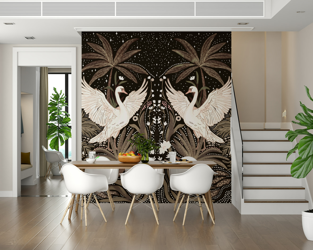 Swan Nightfall Serenity dark tropical paradise wall mural.